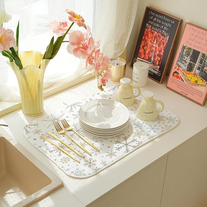 Christmas Drying Mat 18x24 Inches For Kitchen Counter Winter Gold Gray Snowflake Home Decoration Drying Mat Decorative Pad for Kitchen Dining Room Christmas Decoration,Office Decor