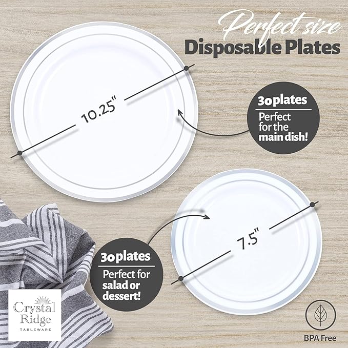 60 Pieces White Plastic Disposable Plates - Premium Heavy-Duty 30 Dinner Plates & 30 Salad Plates with Silver Rim Ideal for Party, Birthday and Special Events