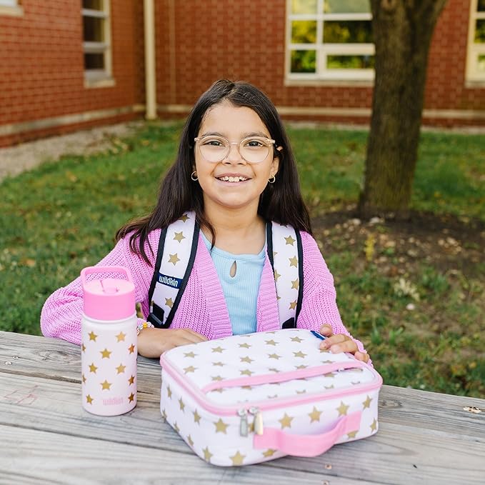 Wildkin Kids Insulated Lunch Box – Durable and Reusable for School & Travel - Pink and Gold Stars
