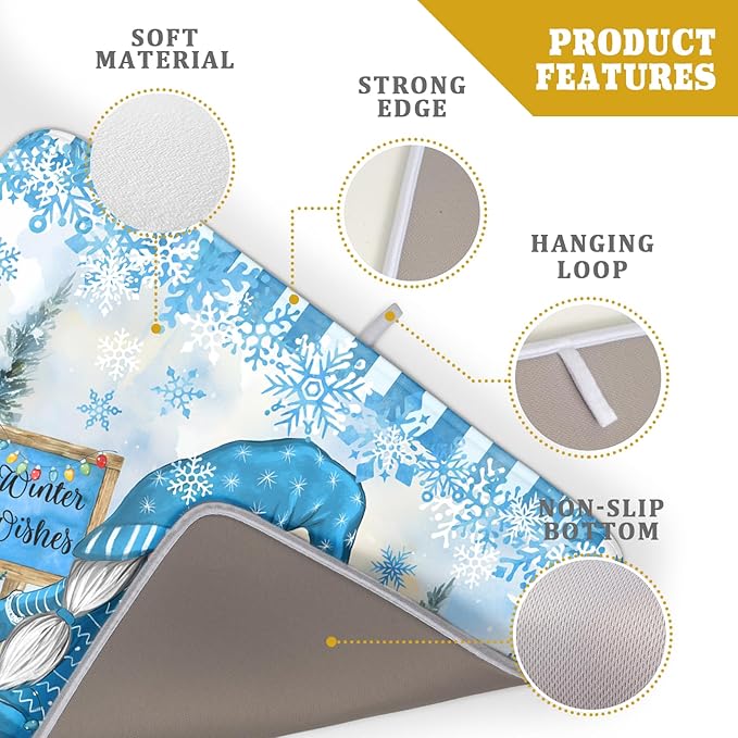 Winter Gnome Dish Drying Mat for Kitchen Counter Christmas Tree Snowman Snowflake Dish Drainer Farmhouse Dish Drainer Rack Mats Pad Heat Resistant Foldable Absorbent, 24x18 Inch