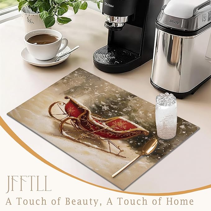 Winter Christmas Sleigh Dish Drying Mat, Vintage Xmas Holiday Absorbent Dish Drainer Reusable Washable Drying Mat Pad for Kitchen Counter, Rustic Christmas Decor, 12×15 Inch