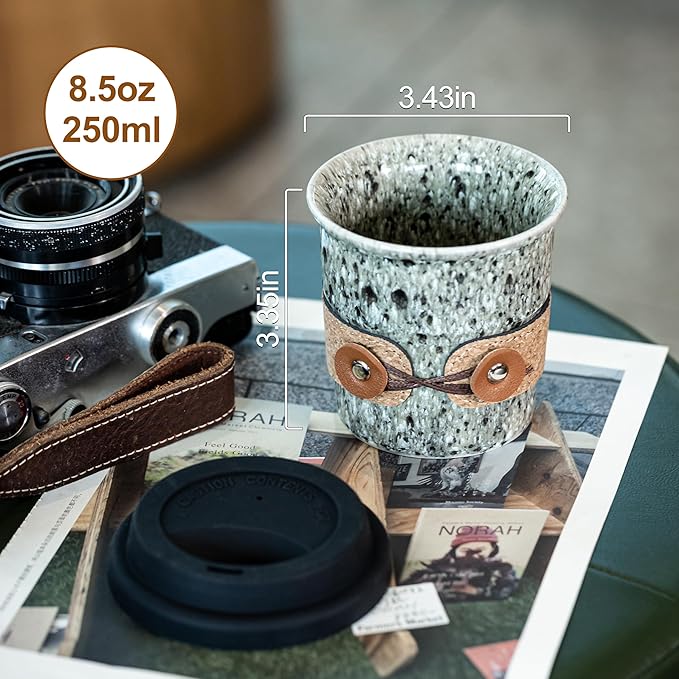 Travel Coffee Mug, Reusable Coffee Cup with Lid, Microwave & Dishwasher Safe, Camp Mug with Spill Proof Lid, Ceramic Camp Tumbler for Men and Women, 8.5oz