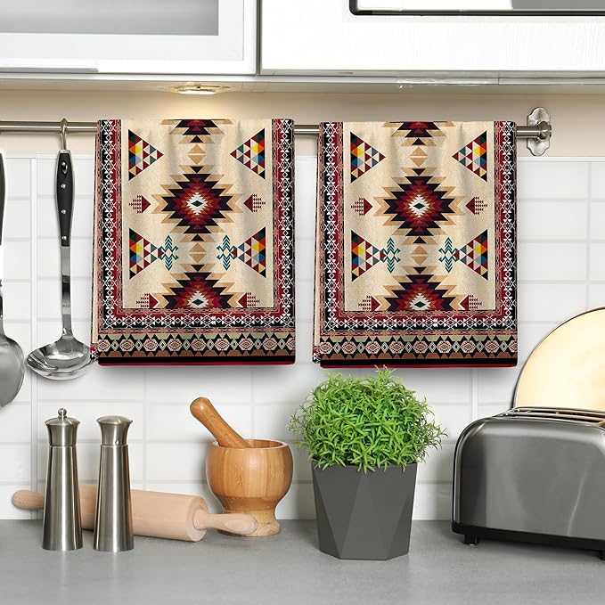 Western Aztec Boho Kitchen Towel Set of 2, Southwestern Native American Decorative Dish Towels Absorbent Red Vintage Hand Drying Cloth Holiday Housewarming Gifts Aztec Kitchen Decor 16"x24"