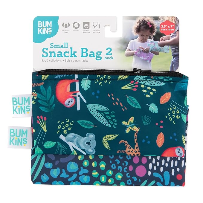 Bumkins Reusable Snack Bags, for Kids School Lunch and for Adults Portion, Washable Fabric, Waterproof Cloth Zip Bag, Supplies Travel Pouch, Food-Safe, 2-pk Jungle and Animal