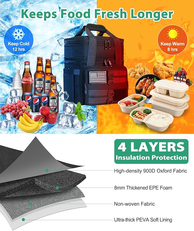 Tactical Lunch Box for Men, Large Insulated Lunch Bag for Adult, Heavy Duty Double Deck Expandable Lunch Cooler Bag with American Flag, Leakproof Soft Lunch Pail for Work Office Camping - Black