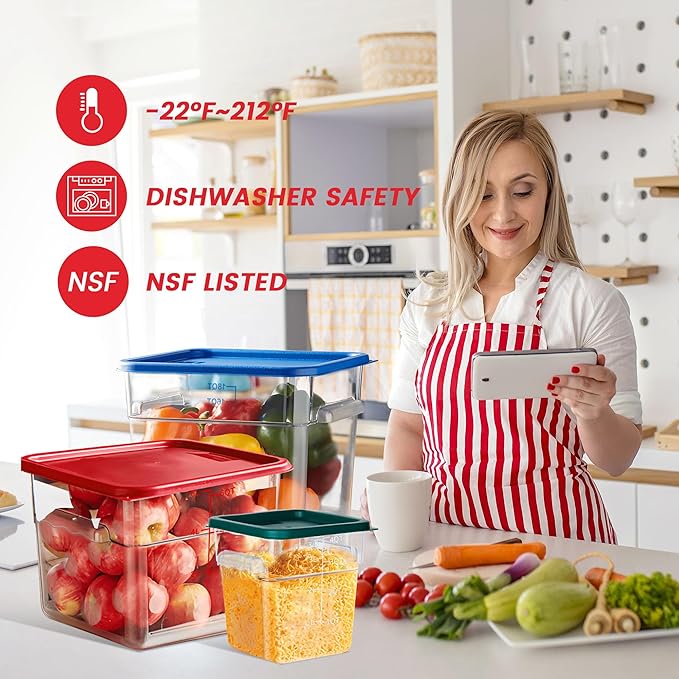 4 Pack Food Storage Containers, 8 Quart with Lids, Square Commercial Containers with Scale, NSF, Polycarbonate, Clear