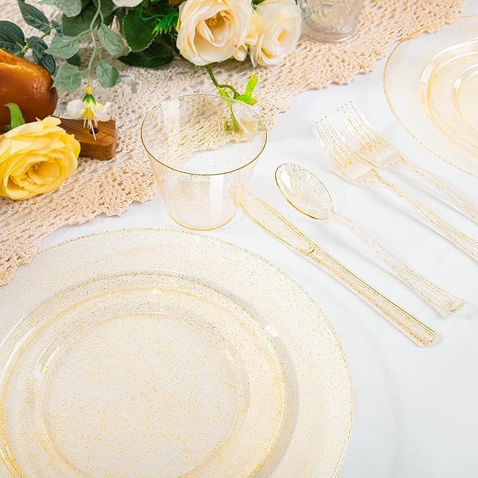 150 PCS Gold Glitter Disposable Dinnerware Set for 25 Guests, Plastic Plates for Party, Including 25 Dinner Plates, 25 Salad Plates, 25 Cups, 25 Forks Knives Spoons for Wedding and Party Supplies