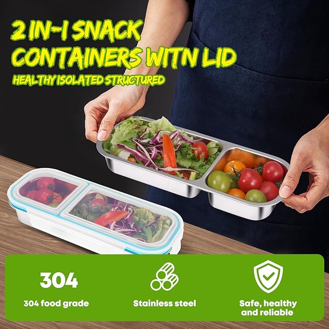 2 Pack Stainless Steel Snack Containers with Lids - Reusable 2 Compartment Snackle Box Container Divide Wet Dry Leakproof Metal Food Storage Containers for School, Home, Travel (Blue + Green)