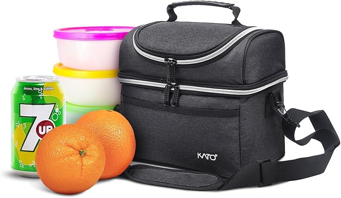 Tirrinia Reusable Lunch Box for Men Women, Insulated Lunch Bag Adult Work, Double Decker Leakproof Lunchbox for Office Picnic Beach—Dual Compartment Lunch Cooler Bag,Black