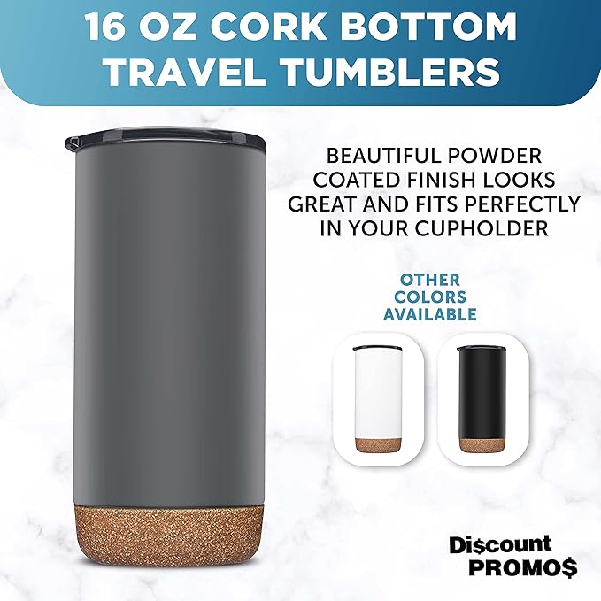 DISCOUNT PROMOS Travel Tumblers with Cork Bottom 16 oz. Set of 10, Bulk Pack - Double Wall Insulated, Matte Finish, Perfect for Iced Coffee, Soda, Other Beverages - Grey