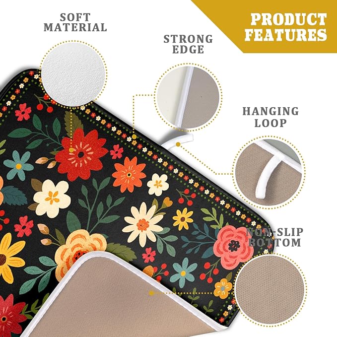 Boho Floral Dish Drying Mat 16x18 Inch Colorful Flower Dishes Dry Mats Absorbent Washable Drainer Rack Pad Protective Kitchen Counter Decor
