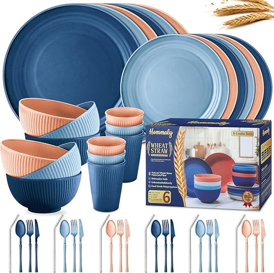 Wheat Straw Dinnerware Sets,48-Piece Plates and Bowls Sets for 6-Unbreakable,Reusable Plastic Dish Set-Dinner Plate/Dessert Plate/Cereal Bowl/Cup/Utensils-Microwavable Dishwasher Safe 48P-Tropical