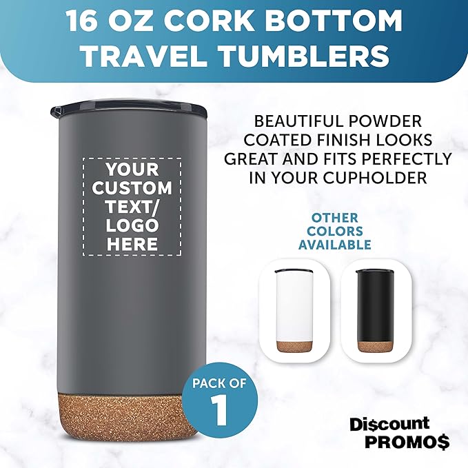 DISCOUNT PROMOS Custom Travel Tumblers with Cork Bottom 16 oz. Set of 1, Personalized Bulk Pack - Double Wall Insulated, Matte Finish, Perfect for Iced Coffee, Soda, Other Beverages - Grey