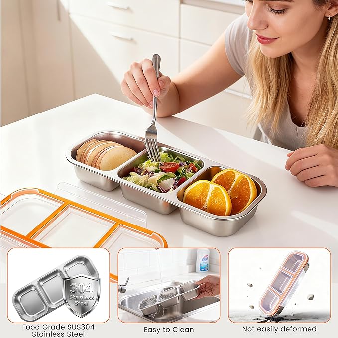 Bandesun Stainless Steel Snack Containers for Kids, Leak Proof 3 Compartment Food Storage Containers with Lids, Reusable Stackable Lunch Box for Travel, Home, Travel 3Pack