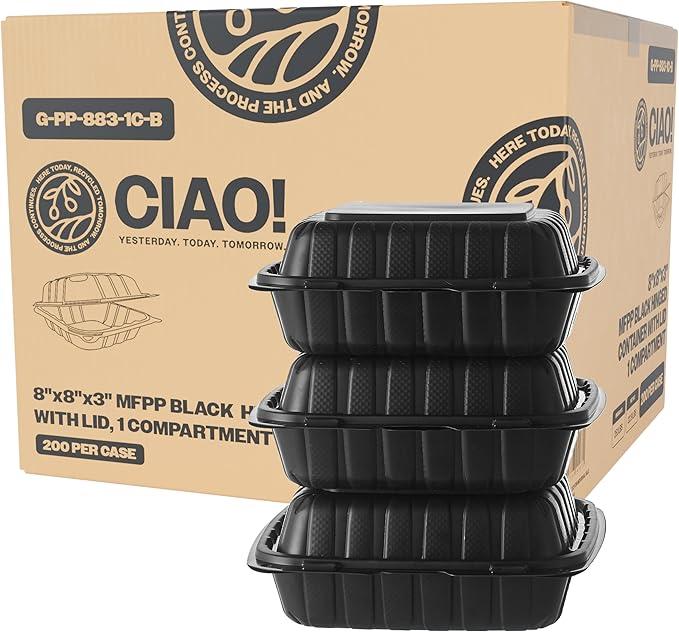 CIAO! 8"x8"X3" MFPP Black Hinged Container With Lid 1 Compartment (Case of 200)