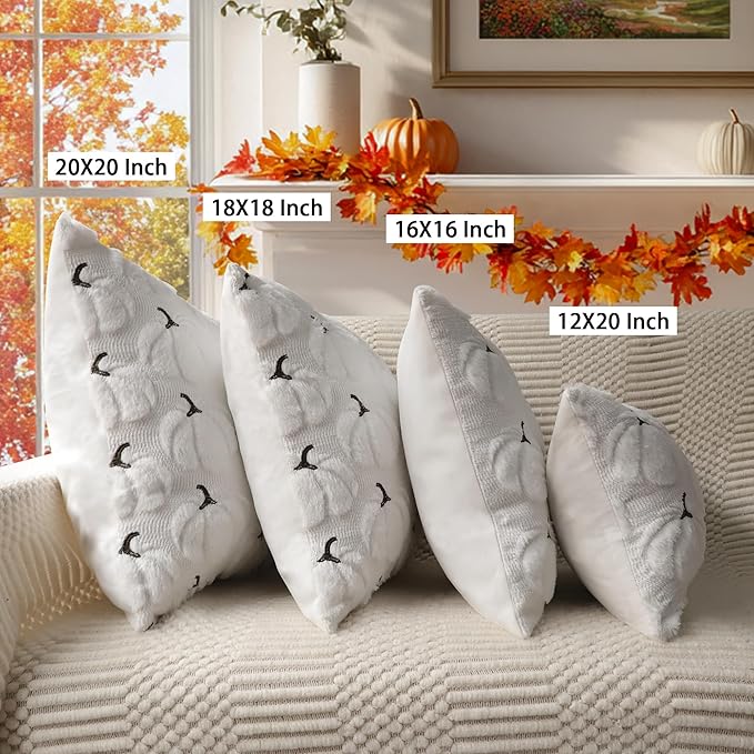 4TH Emotion Fall Pumpkins Decorative Pillow Covers 20x20 Set of 2, White Soft Plush Faux Fur Wool Farmhouse Throw Cushion Cases for Autumn Thanksgiving Holiday Home Decorations