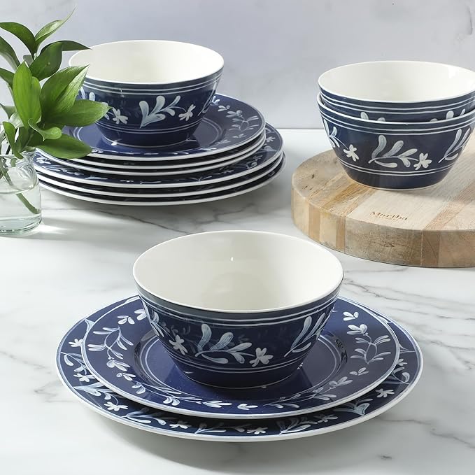 Martha Stewart Maiden Crown 12-Piece Sky Blue Dinnerware Set – Vegan Bone China Ceramic Plates & Bowls – Floral Design – Service for 4 – Microwave & Dishwasher Safe