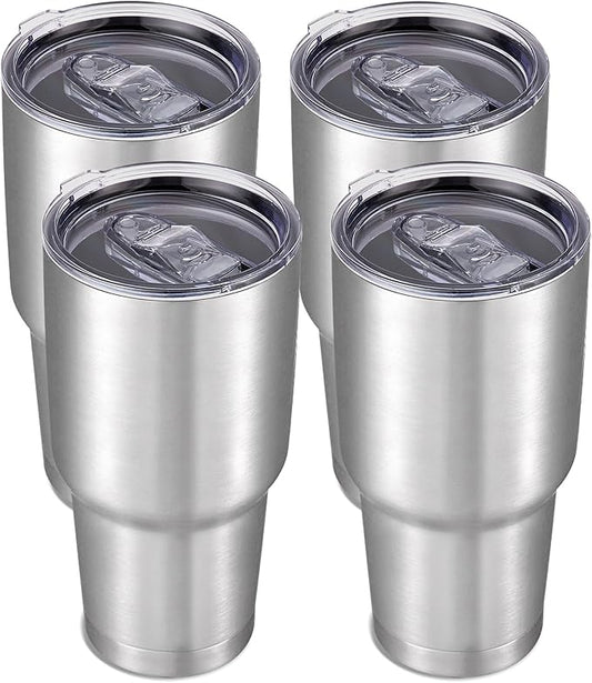 30 oz Tumbler with Lid Stainless Steel Tumblers Bulk Vacuum Insulated Cup Reusable Powder Coated Travel Mug Double Wall Leak Proof Cups Keep Cold Drinks for 12 Hours Stainless, Set of 4