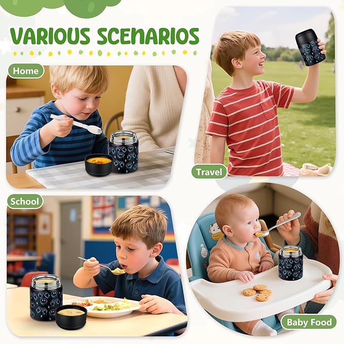 10oz Soup Thermo for Hot Food Kids Insulated Food Jar with Spoon Wide Mouth Stainless Steel Lunch Container Leak Proof Vacuum Food Box for School Travel Picnic Black Game