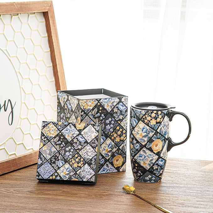 Topadorn Ceramic Mug Porcelain Latte Tea Cup Coffee Mug with Gift Box 17oz.Plaid Flower