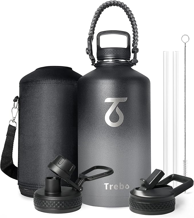 Trebo One Gallon Water Bottle Insulated with Paracord Handle,128oz Stainless Steel Sports Large Jug Food-grade Double Wall Vacuum with Straw Spout Handle Lids, Leakproof Keep Cold & Hot, Dark Gray