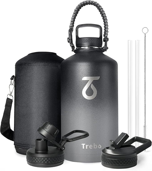 Trebo One Gallon Water Bottle Insulated with Paracord Handle,128oz Stainless Steel Sports Large Jug Food-grade Double Wall Vacuum with Straw Spout Handle Lids, Leakproof Keep Cold & Hot, Dark Gray