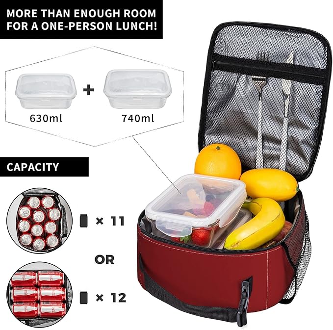 Reusable Red Lunch Box for Adult Women Men Insulated Red Lunch Bag Lunchbox for Teens Girls Boys Kids School Picnic Boating Beach Fishing Work