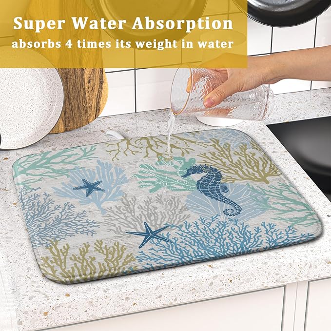 Blue Coral Dish Drying Mat Coastal Starfish Dishes Pad Hanging Drainer Mats Reversible Absorbent Kitchen Counter Protector 16x18 Inch