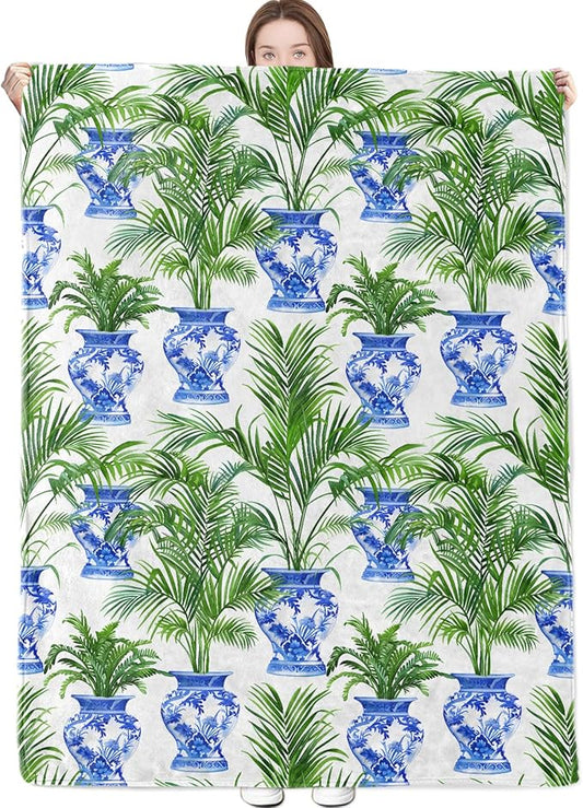 Porcelain Vase and Palm Blanket Chinoiserie Throw Blankets with Blue Vases and Tropical Plant Lightweight Flannel Throws for Couch Chair Bed Home Decor Gifts for Adults,80x60inch
