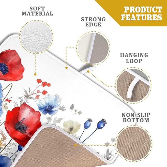 Poppy Flower Dish Drying Mat 16x18 for Kitchen Memorial Independence Day 4th of July USA Red Blue Flower Dishes Dry Pad Drainer Rack Mats Absorbent Hanging Loop Kitchen Accessories