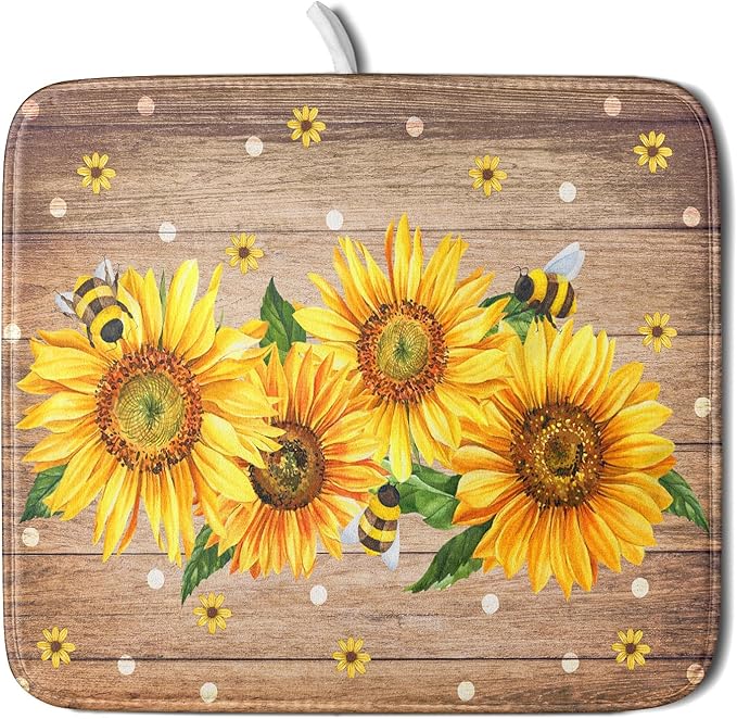 Sunflower Bee Dish Drying Mat for Kitchen Counter Home 16x18 Inch Wood Barn Microfiber Drainer Rack Mats Washable Absorbent Dish Dry Pad
