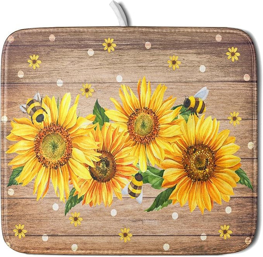 Sunflower Bee Dish Drying Mat for Kitchen Counter Home 16x18 Inch Wood Barn Microfiber Drainer Rack Mats Washable Absorbent Dish Dry Pad