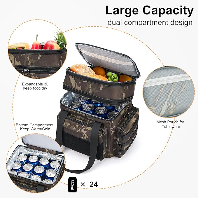 Tactical Lunch Box for Men, Insulated Bag Adult, Thermal Lunchbox Leakproof Waterproof Cooler Bag, Dual Compartment Tote, Large Pail Work Office Camping Travel(Black Camo)
