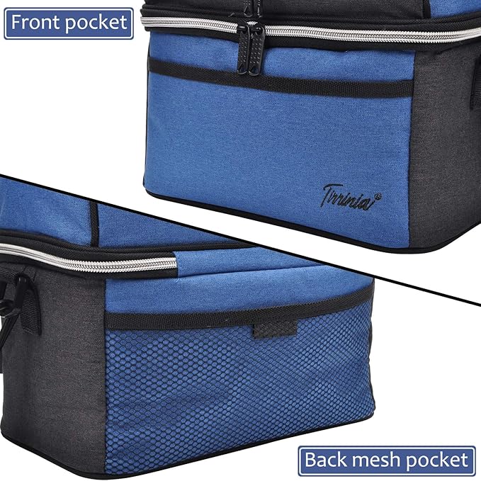 Tirrinia Reusable Lunch Box for Men Women, Insulated Lunch Bag Adult Work, Double Decker Leakproof Lunchbox for Office Picnic Beach—Dual Compartment Lunch Cooler Bag,Blue