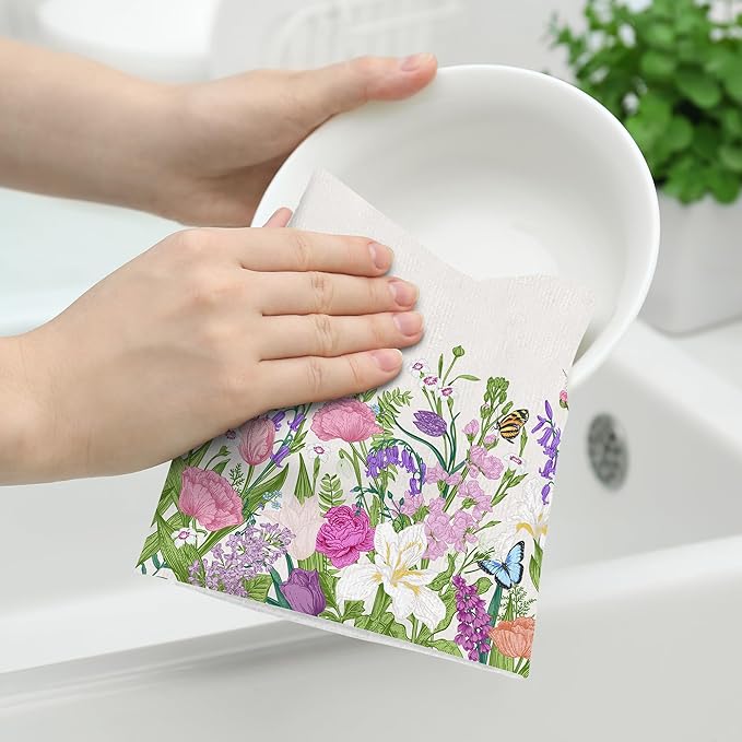 Pink Flowers Decorative Kitchen Towels Floral Dish Towels Absorbent Cute Botanic Dish Cloths Set Spring Summer Tea Hand Towels for Kitchen Farmhouse Holiday Home Decor (2 Pack, 16"x24")