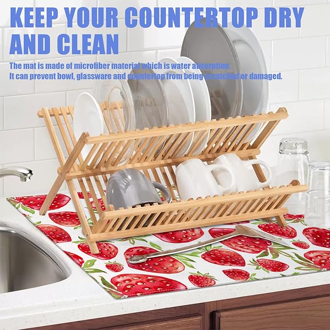 Strawberry Dish Drying Mat for Kitchen Counter Drying Pad Absorbent Reversible Dish Drainer Rack Mats Draining Pad 18"x24"Inch