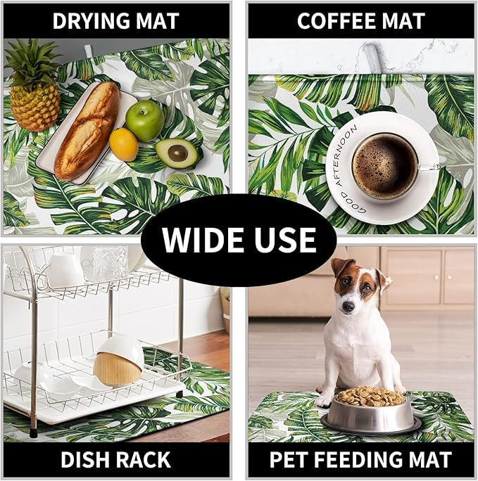 Tropical Palm Leaves Dish Drying Mat for Dishes 16x18 Inch Spring Green Monstera Leaf Drying Mat Watercolor Herbs Dish Drainer Mat Super Absorbent Dish Rack Pad for Coffee Bar Sinks