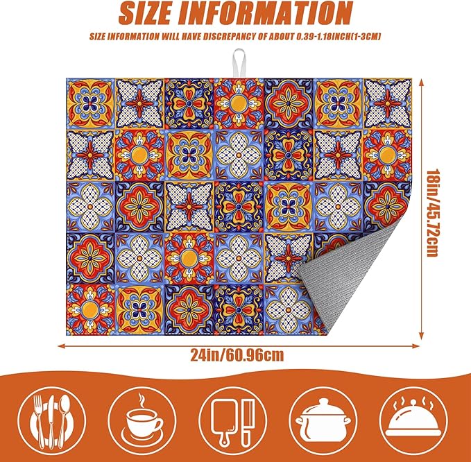 Talavera Mexican Tiles Dish Drying Mat for Kitchen Counter Microfiber Absorbent Dish Kitchen Drying Mat Draining Reusable Washable for Dishes/Utensils/Counterto