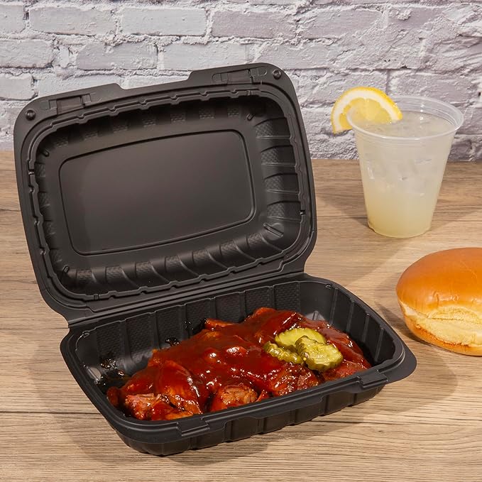 CIAO! 9"x6"x3" MFPP Black Hinged Container With Lid 1 Compartment (Case of 200)