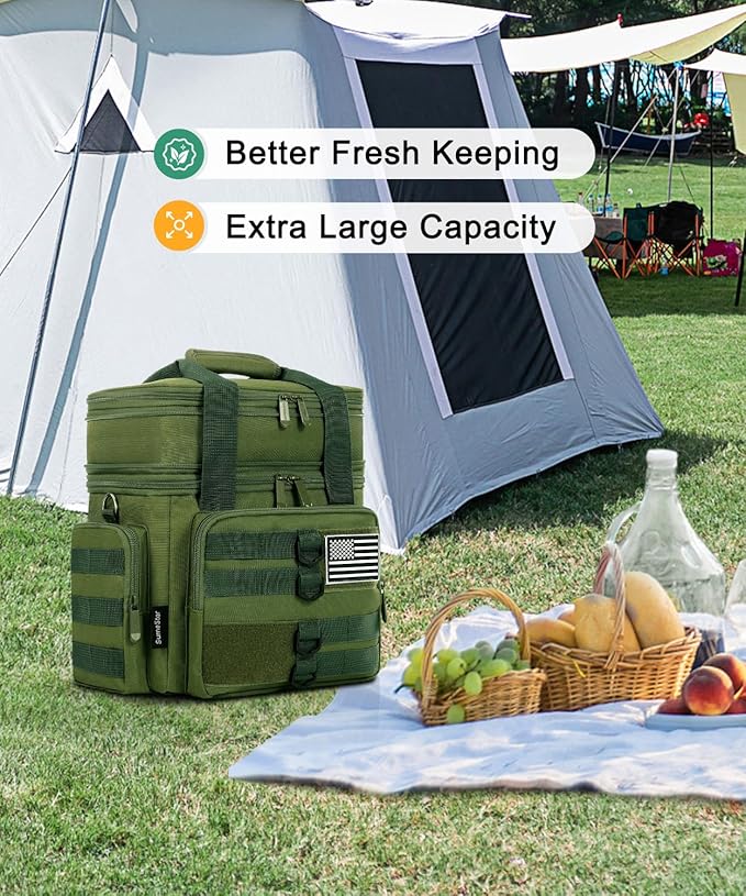 Tactical Lunch Box for Men, Large Insulated Lunch Bag for Adult, Heavy Duty Double Deck Expandable Lunch Cooler Bag with American Flag, Leakproof Soft Lunch Pail for Work Office Camping - Green