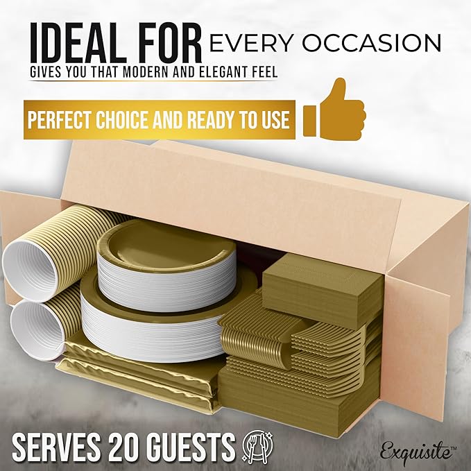 222 Pcs Gold Paper Plates and Napkins Sets, Disposable Plates For Party, Lunch & Cocktail Napkins Paper, 18oz Plastic Cups, Cutlery and Gold Table cloth Plastic Dinnerware Set