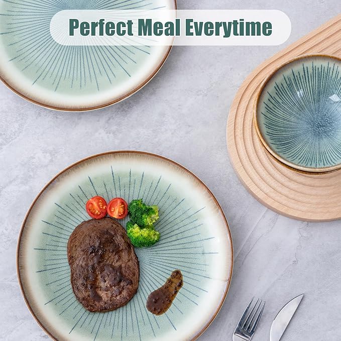 Dinnerware Set Green 12 Pieces Service for 4, Stoneware Plates and Bowls Set Stoneware Set, Dishwasher Microwave Safe Dishes set