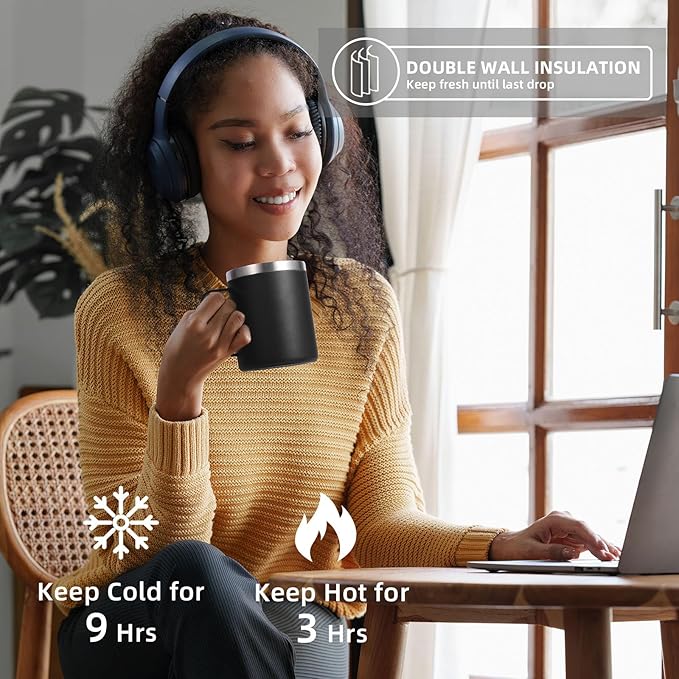 Volhoply 12oz Insulated Leakproof Coffee Mug with Sliding & Straw Lid Bulk 4 Pack,Double Wall Vacuum Stainless Steel Travel Tumbler Cup with Handle,Camping Mugs Keep Cold/Hot(Assort color,4 Set)