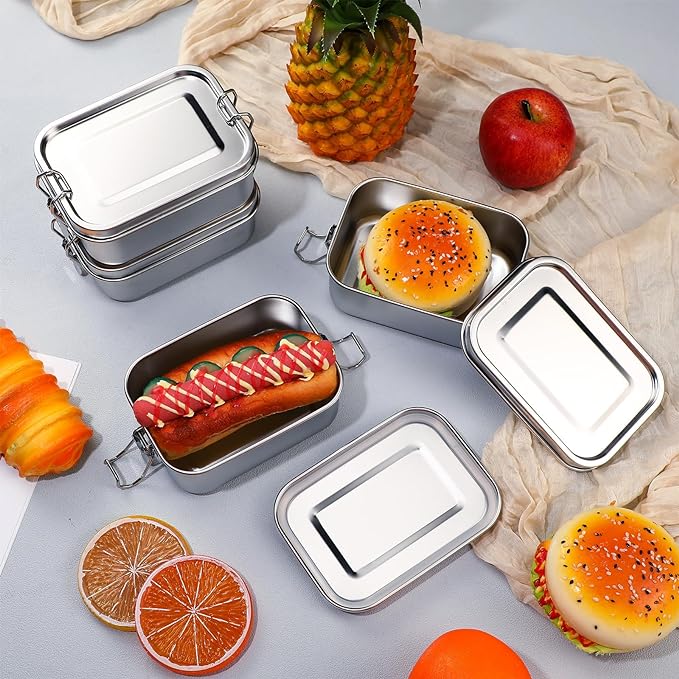 Umigy 4 Pcs Stainless Steel Food Containers Metal Bento Lunch Box Stainless Steel Food Storage Containers, Lockable Clips to Leak Proof, Reusable Dishwasher Snack Boxes for Work (550ml)
