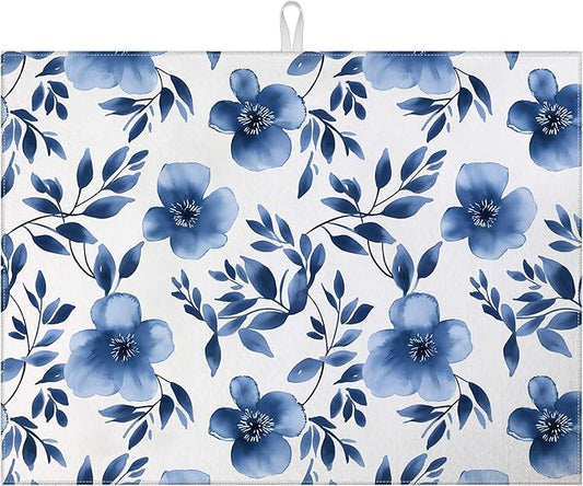 Blue Floral Dish Drying Mat for Kitchen Counter Flower Leaves Drying Pad Absorbent Reversible Dish Drainer Rack Mats Draining Pad 18"x24"Inch