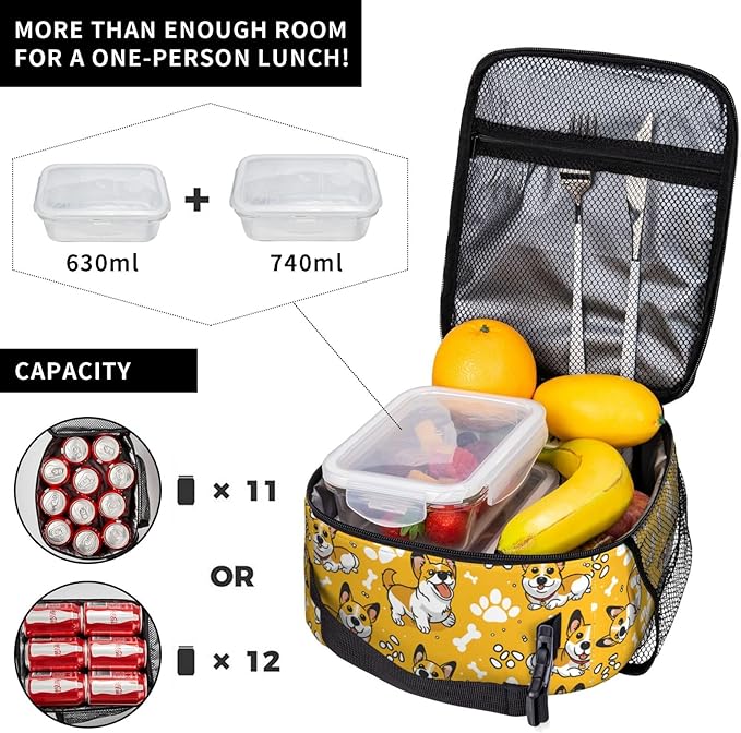 Cheerful Corgi Lunch Box for Women Men, Insulated Lunch Box, Reusable Lunch Bag for Office, Work, Picnic, Travel