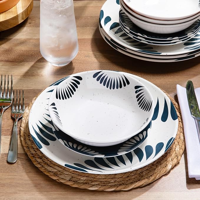 Larder & Vine 12-Piece Melamine Dinnerware Set: Durable, Lightweight, Break-Resistant Plates & Bowls – Stylish, Non-Toxic, Dishwasher Safe – Ideal for Everyday Use, Indoor & Outdoor Dining – Nautical