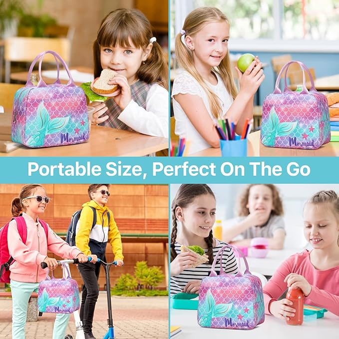 Bagseri Lunch Bag for Girls - Insulated Kids Lunch Bag for Girls Portable Reusable Toddler Lunch Cooler Bag for School with Leakproof Liner (Purple Mermaid Tail)