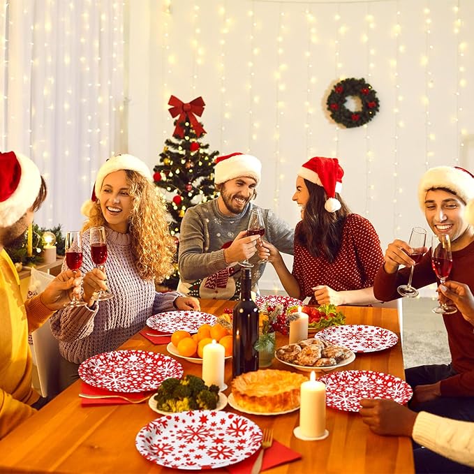 Zhehao 100 Pcs Christmas Paper Plates 9 Inch Disposable Plates Bulk Red and White Snowflake Christmas Party Decoration for Xmas Candy Dinner Plate Party Wedding Event Supplies