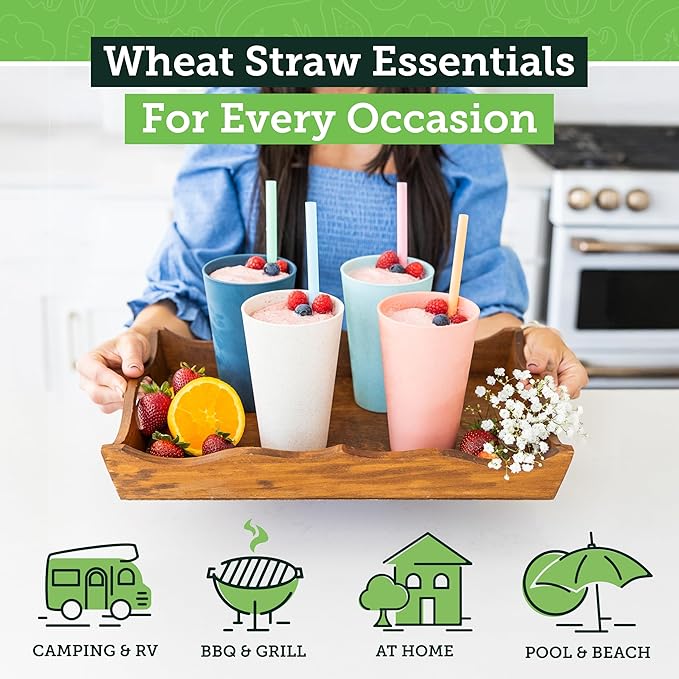 Grow Forward Premium Wheat Straw Cups - 20 oz Unbreakable BPA Free Hard Plastic Cups - Reusable Lightweight Plastic Drinking Glasses for Kitchen, Outdoor, Water, Camping, RV - Tropical